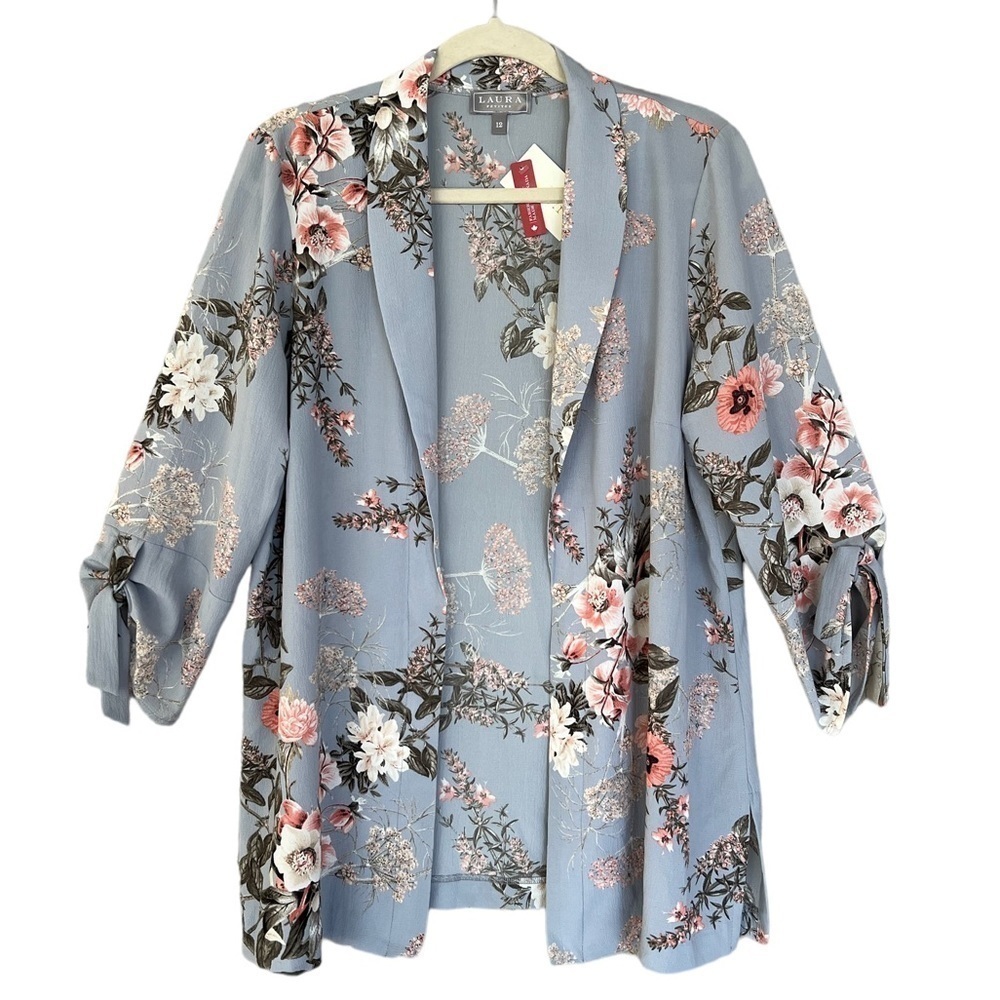 Laura Petites Floral Open Front Kimono Jacket 3/4 Tie Sleeves NWT